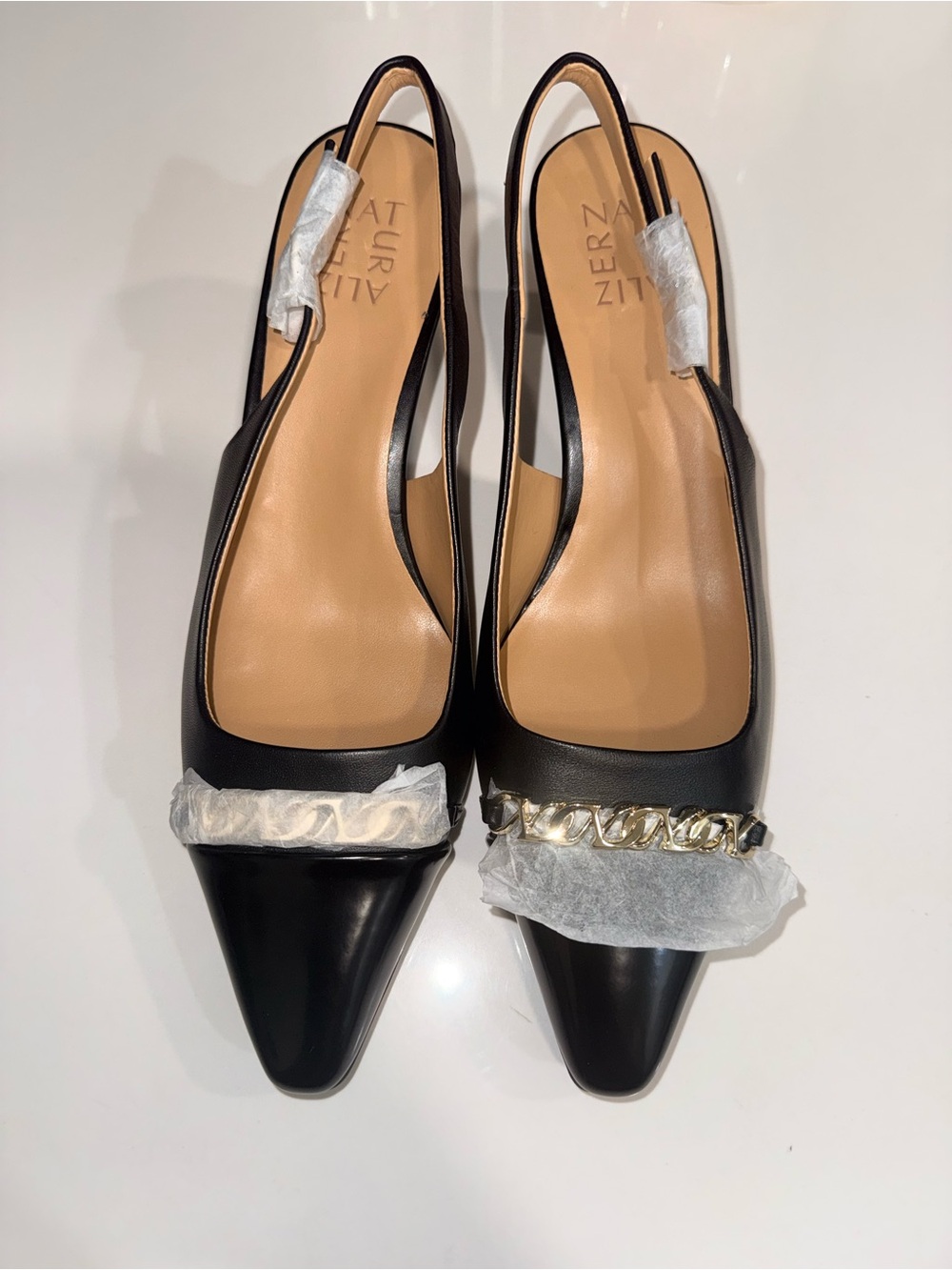 Naturalizer Dovey Black leather Slingback heels with Gold Chain